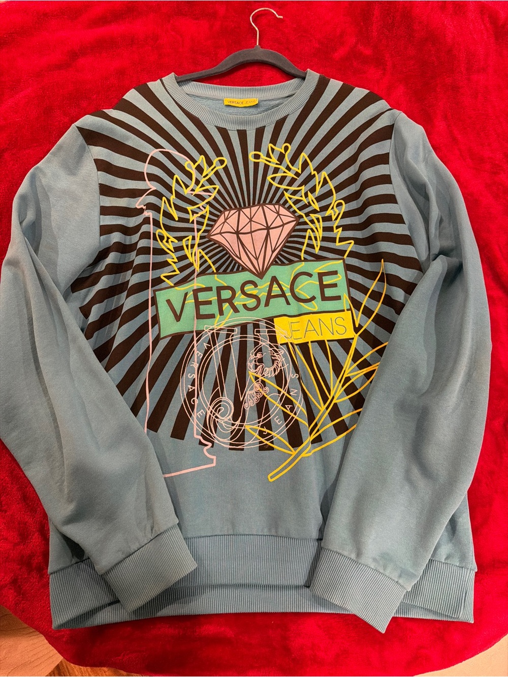 Versace Light Blue Crewneck with Multicolor Graphic